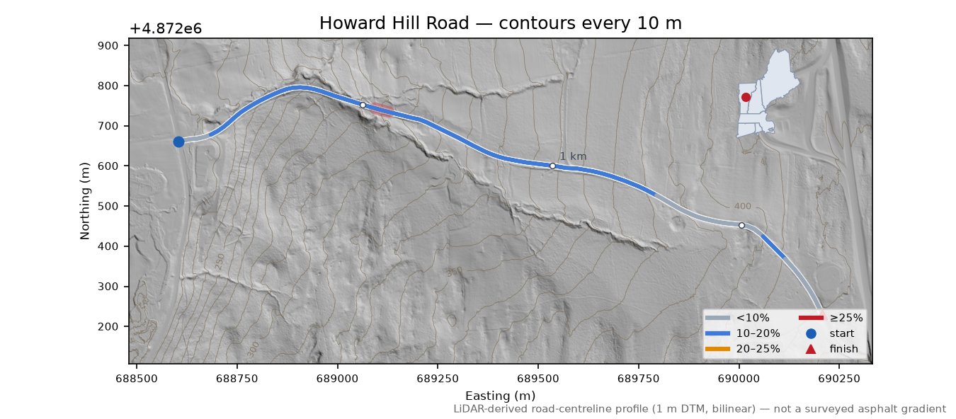 Howard Hill Road LiDAR hillshade map with contours