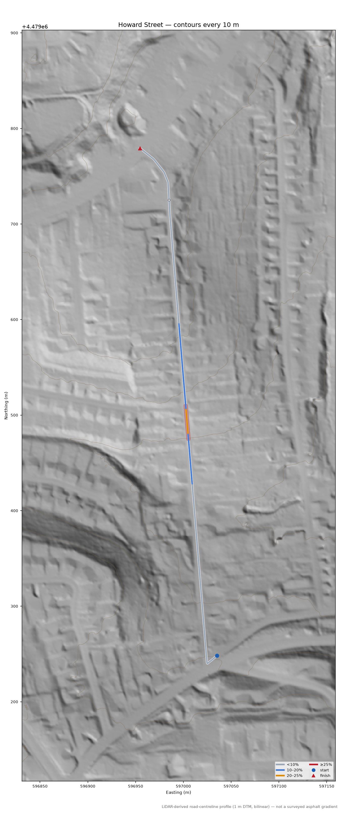 Howard Street LiDAR hillshade map with contours