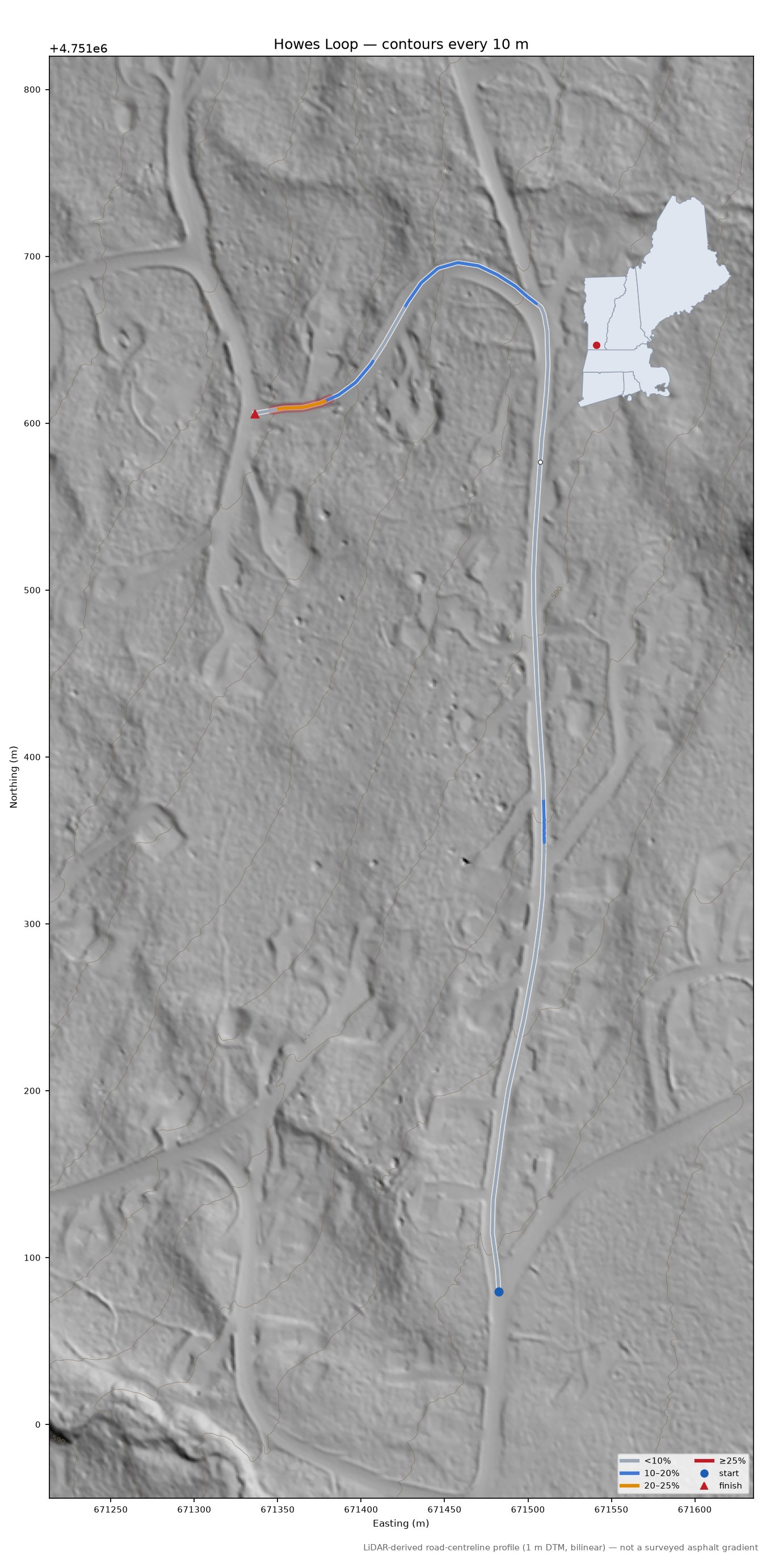 Howes Loop LiDAR hillshade map with contours