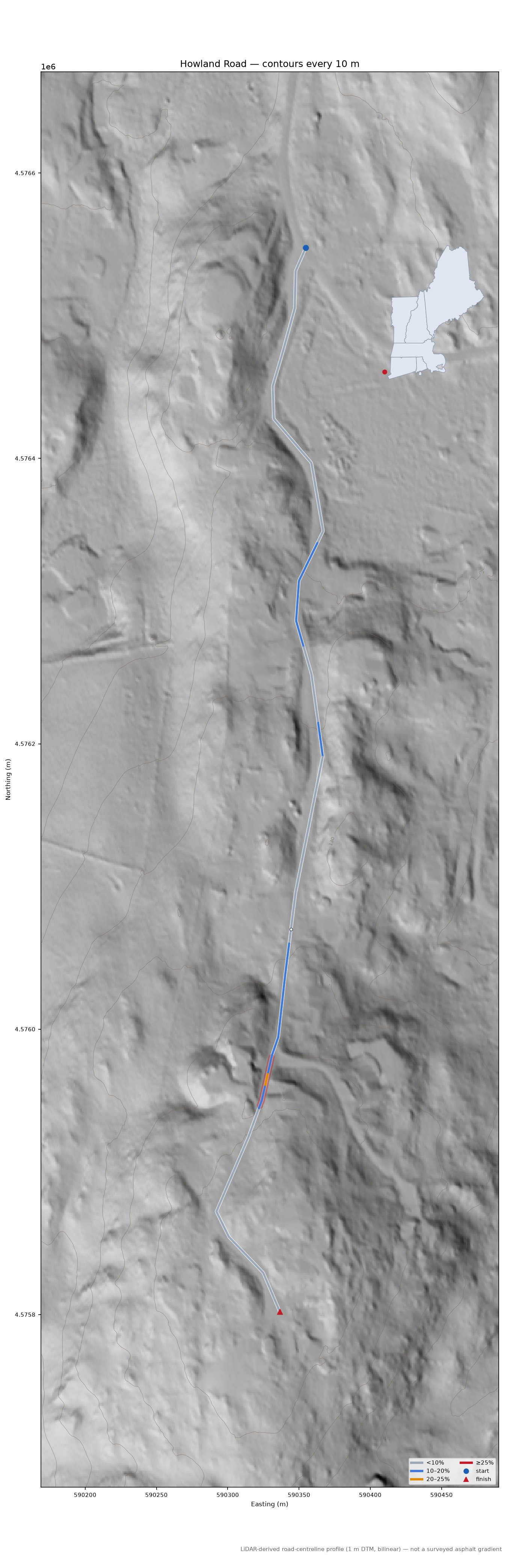 Howland Road LiDAR hillshade map with contours