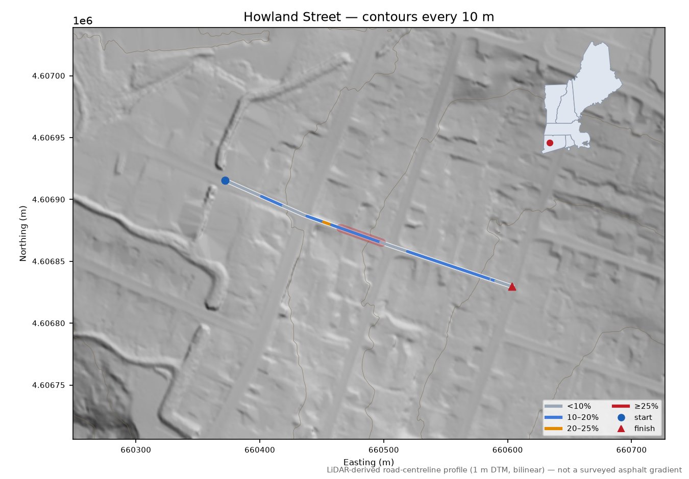 Howland Street LiDAR hillshade map with contours