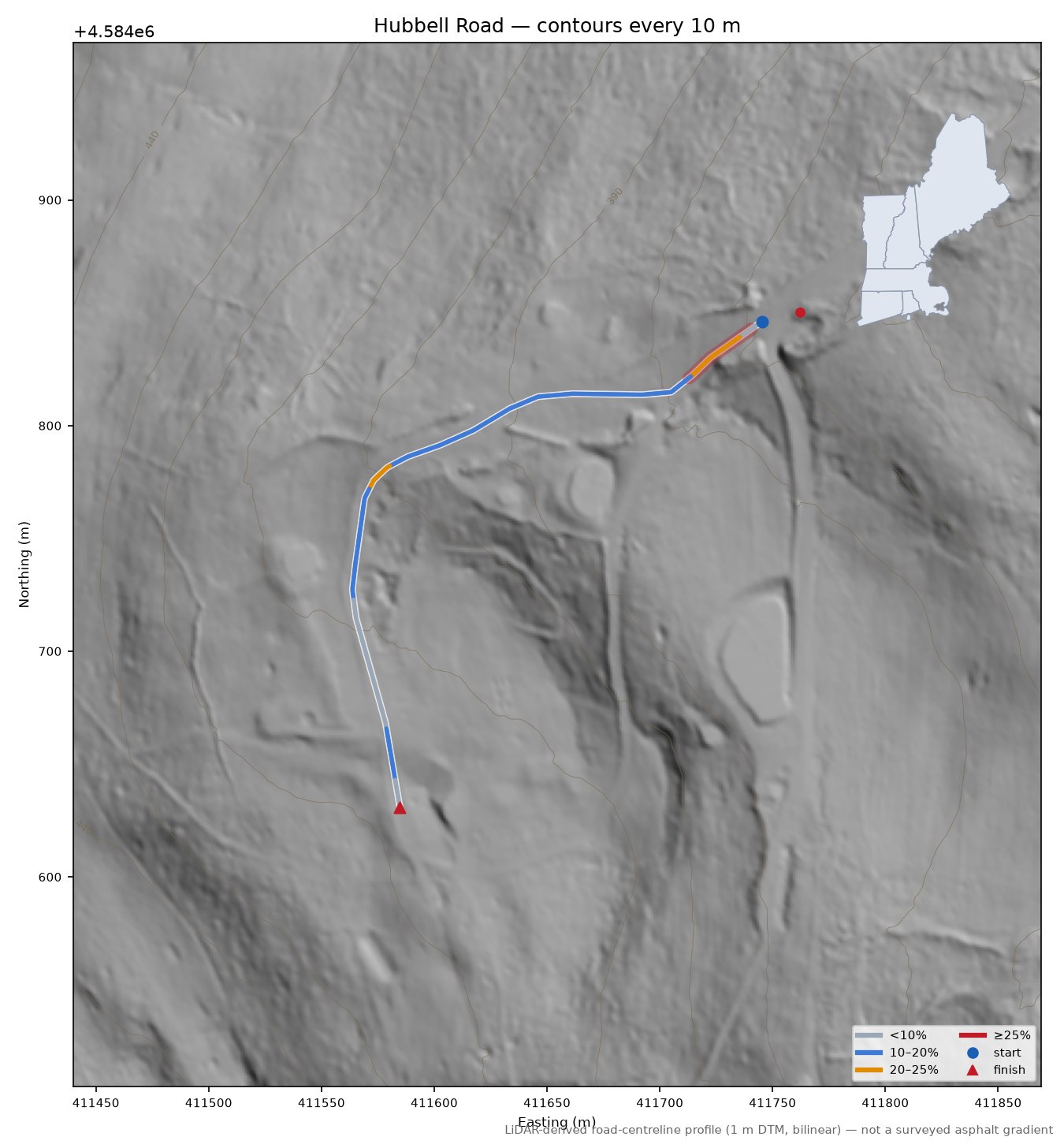 Hubbell Road LiDAR hillshade map with contours