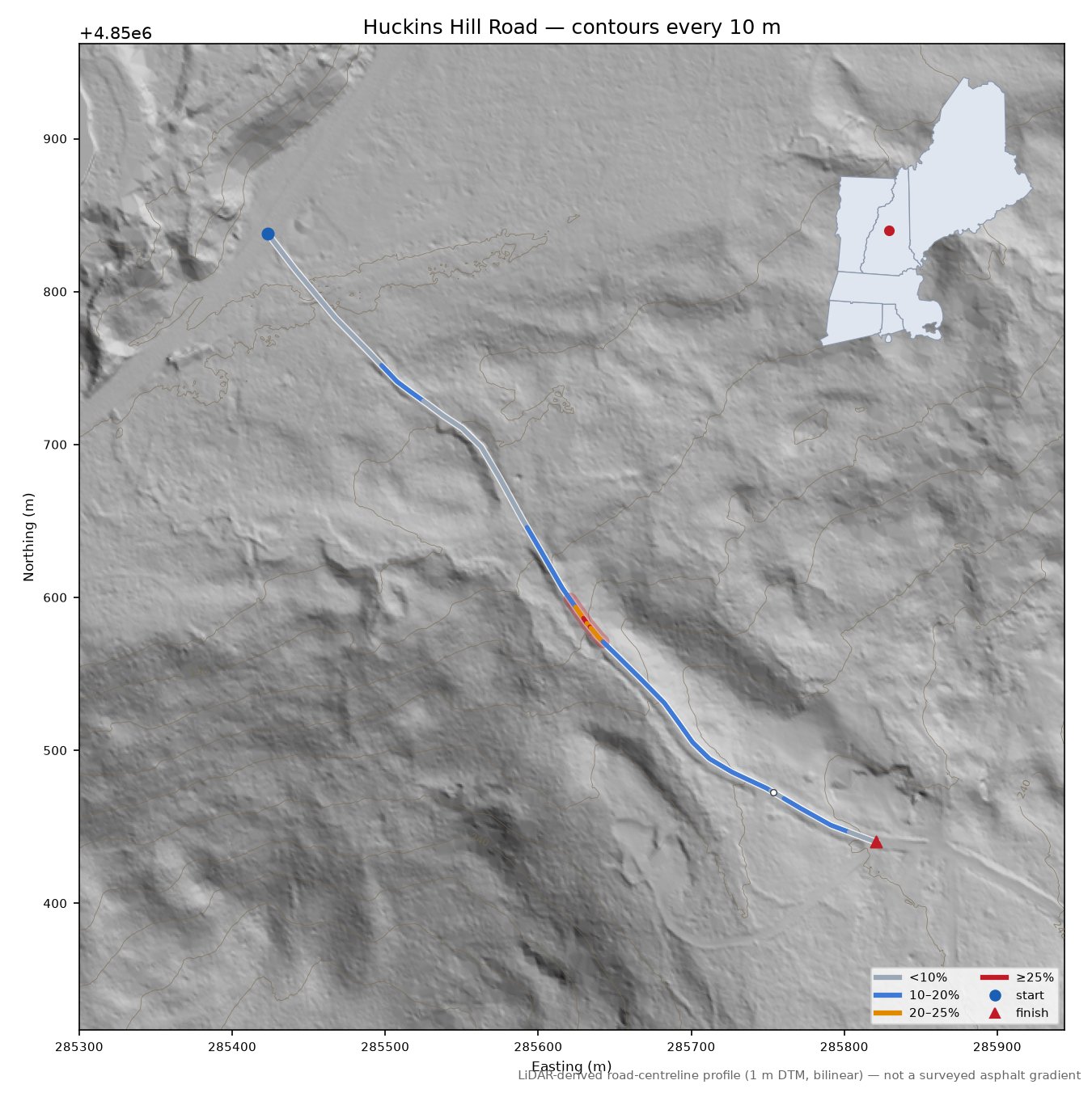 Huckins Hill Road LiDAR hillshade map with contours