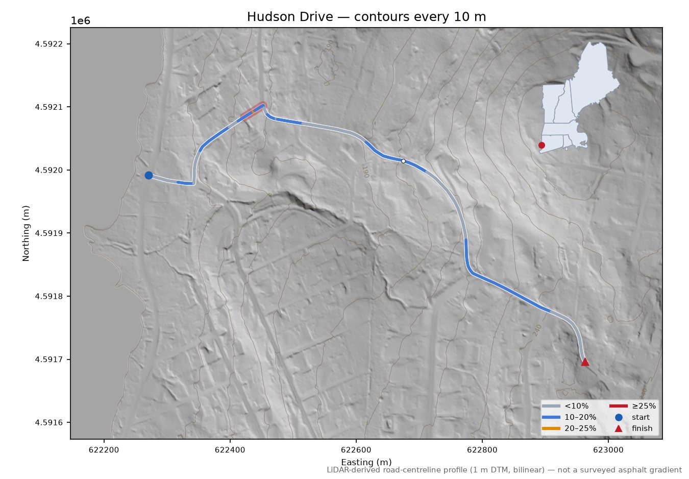 Hudson Drive LiDAR hillshade map with contours