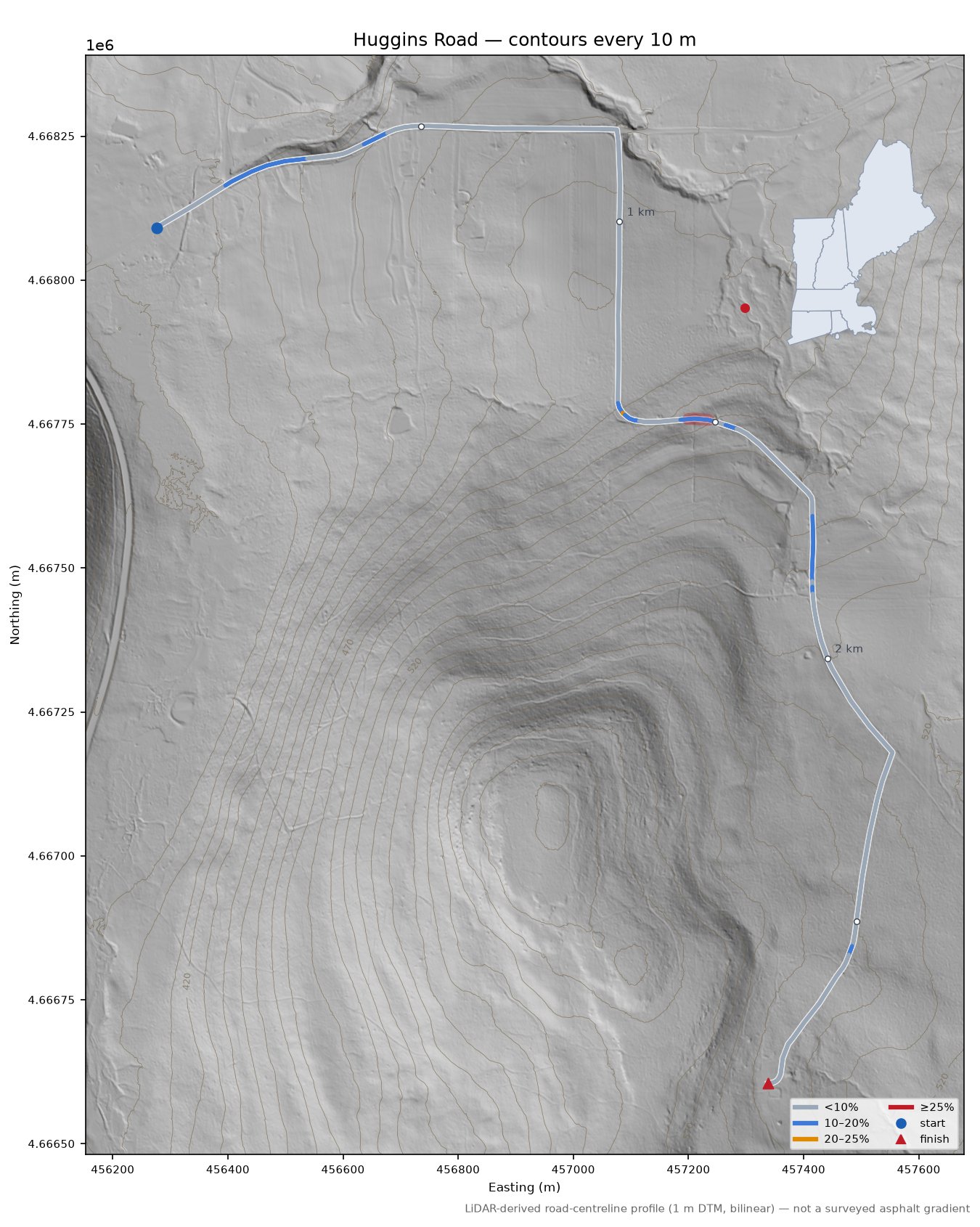 Huggins Road LiDAR hillshade map with contours