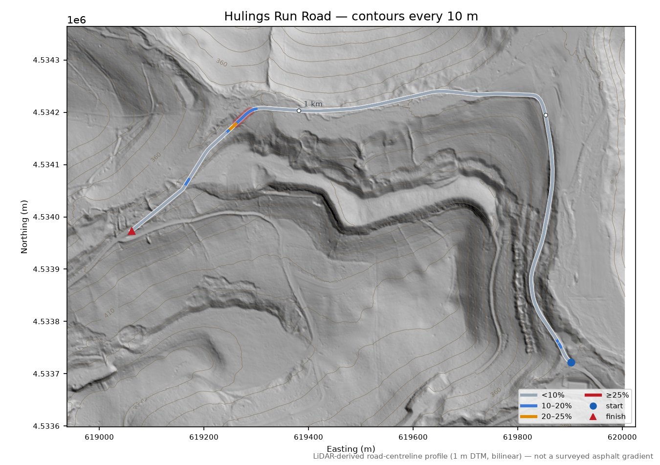 Hulings Run Road LiDAR hillshade map with contours