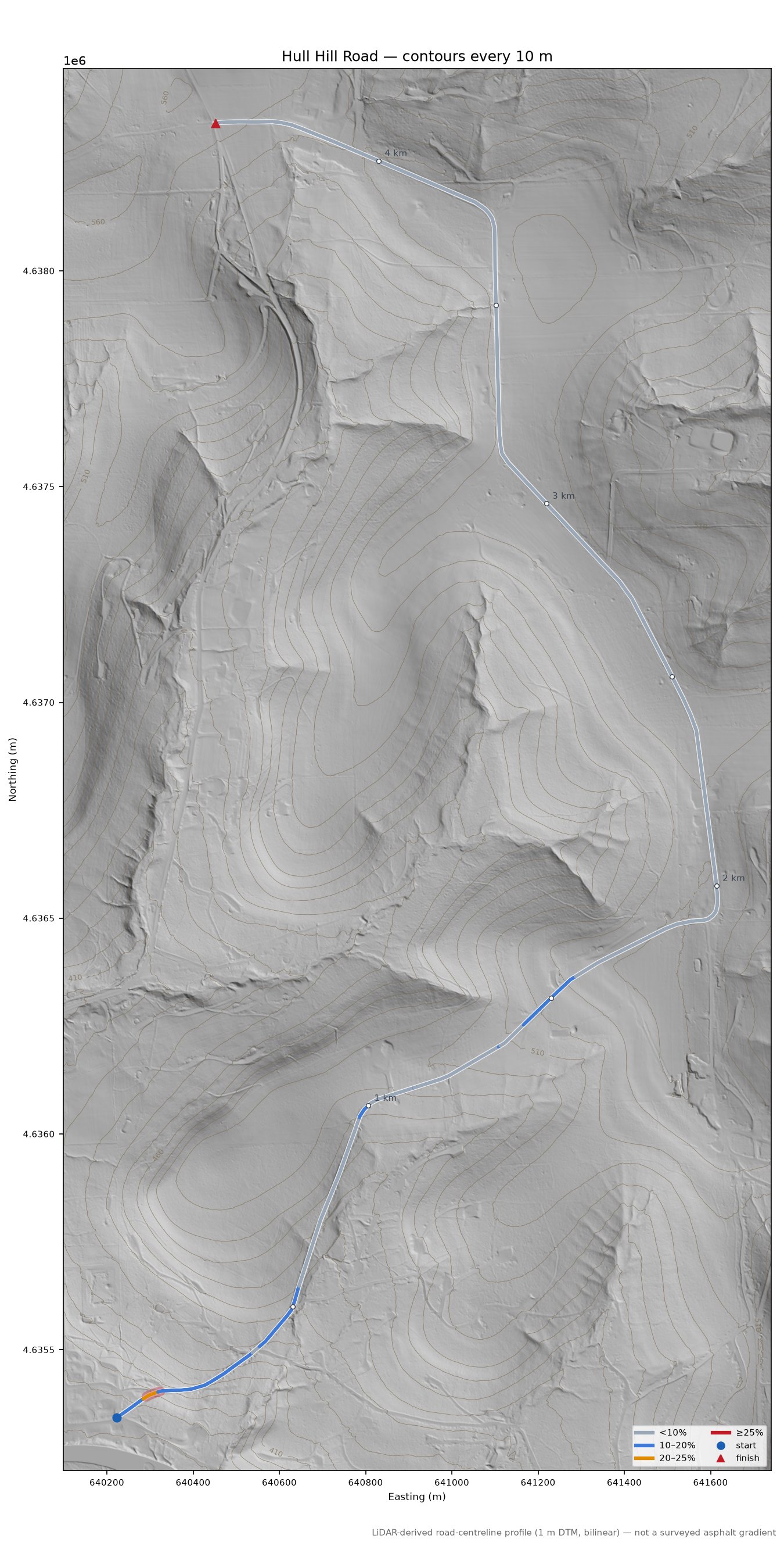 Hull Hill Road LiDAR hillshade map with contours