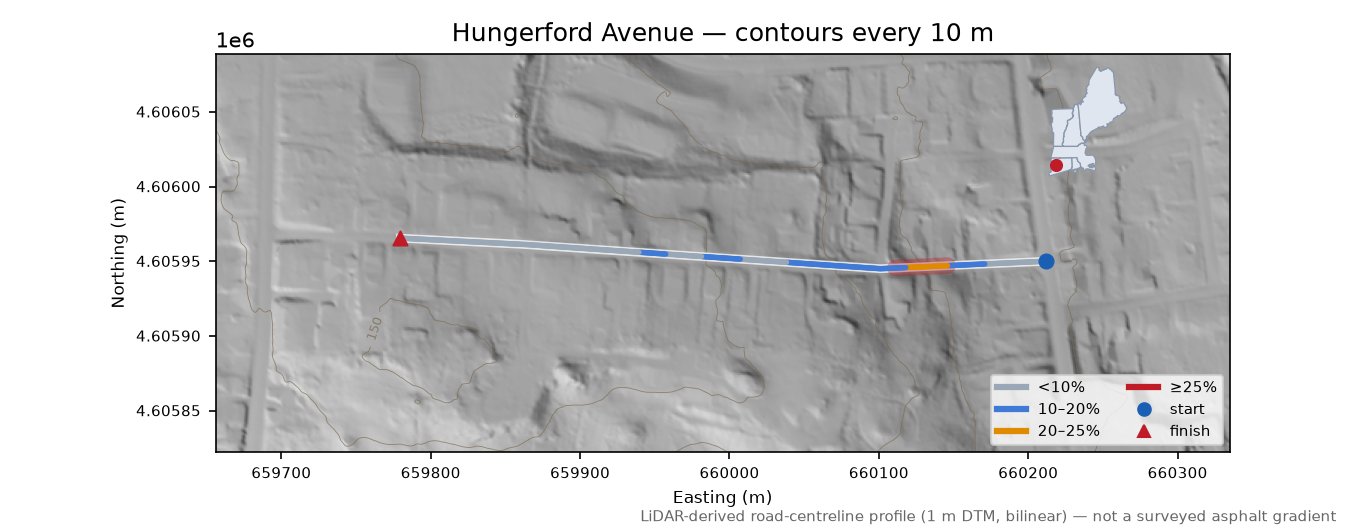 Hungerford Avenue LiDAR hillshade map with contours