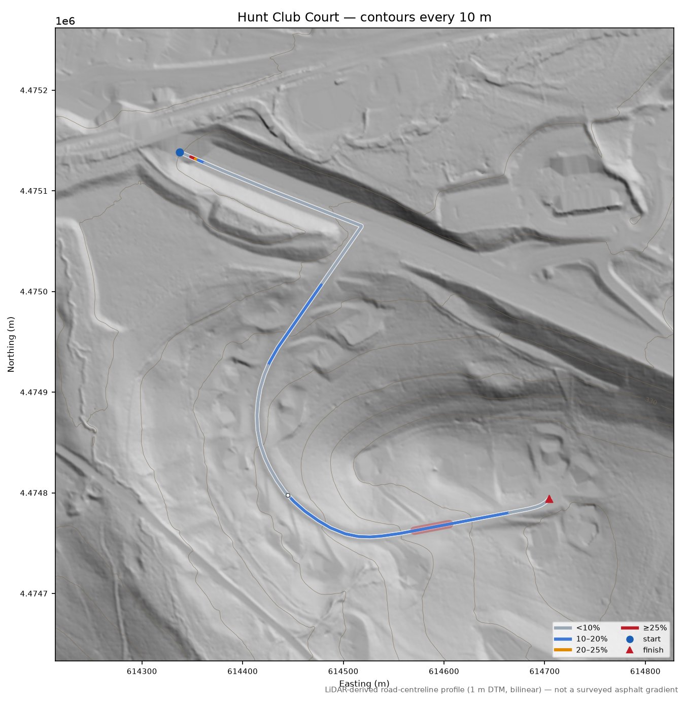 Hunt Club Court LiDAR hillshade map with contours
