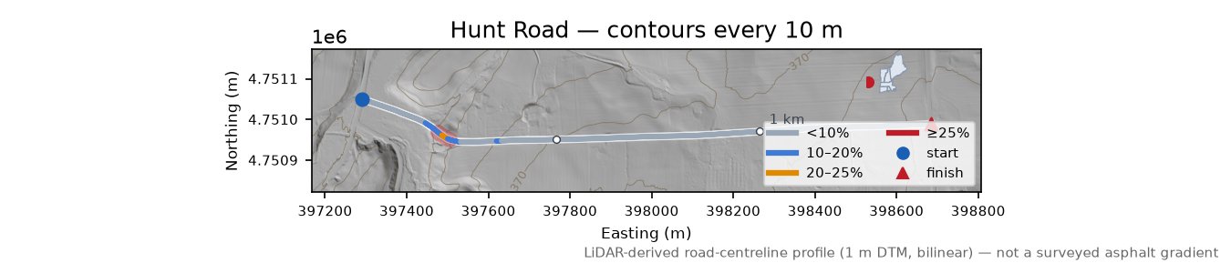 Hunt Road LiDAR hillshade map with contours