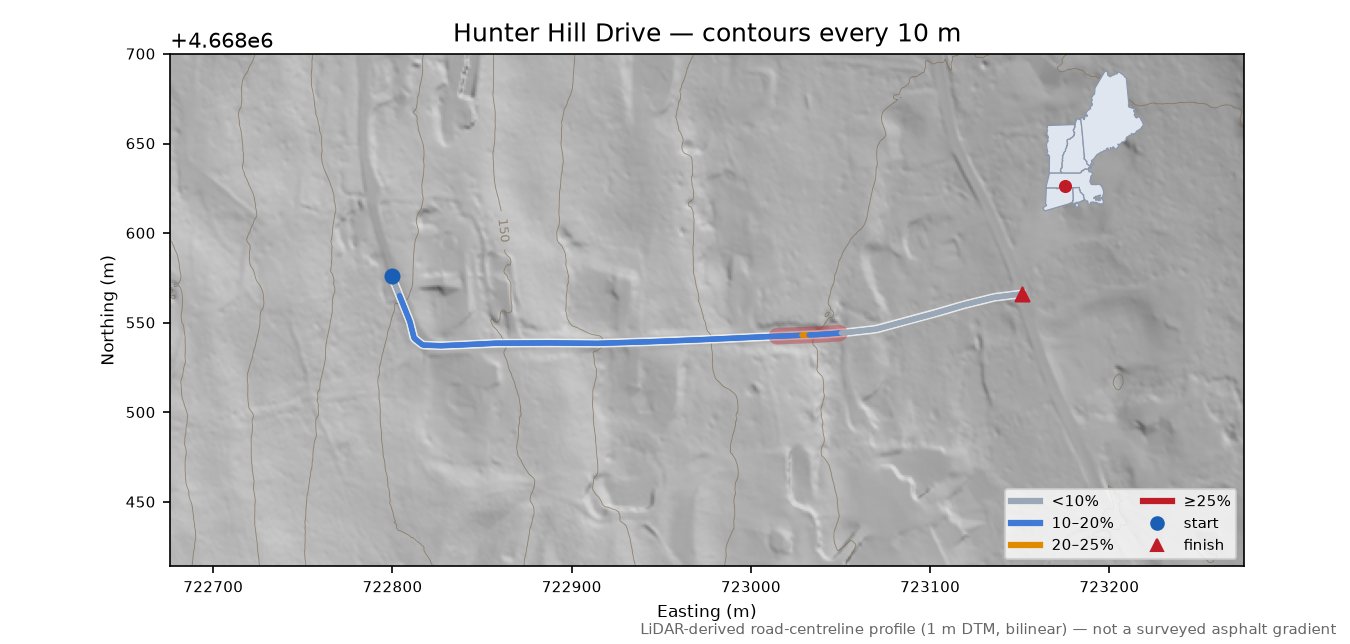 Hunter Hill Drive LiDAR hillshade map with contours