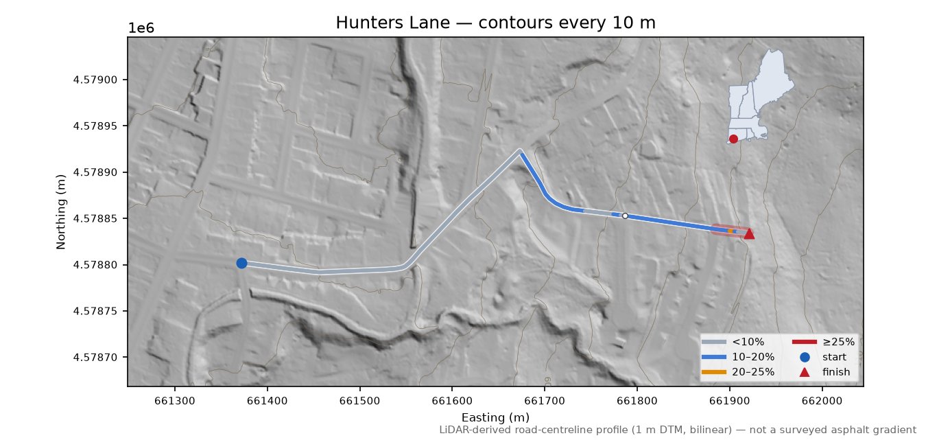 Hunters Lane LiDAR hillshade map with contours