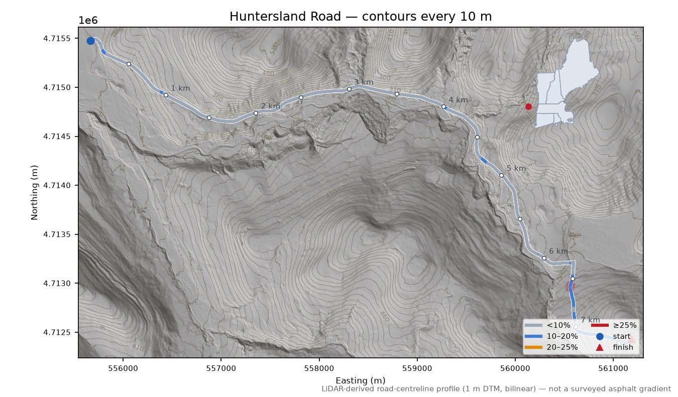 Huntersland Road LiDAR hillshade map with contours