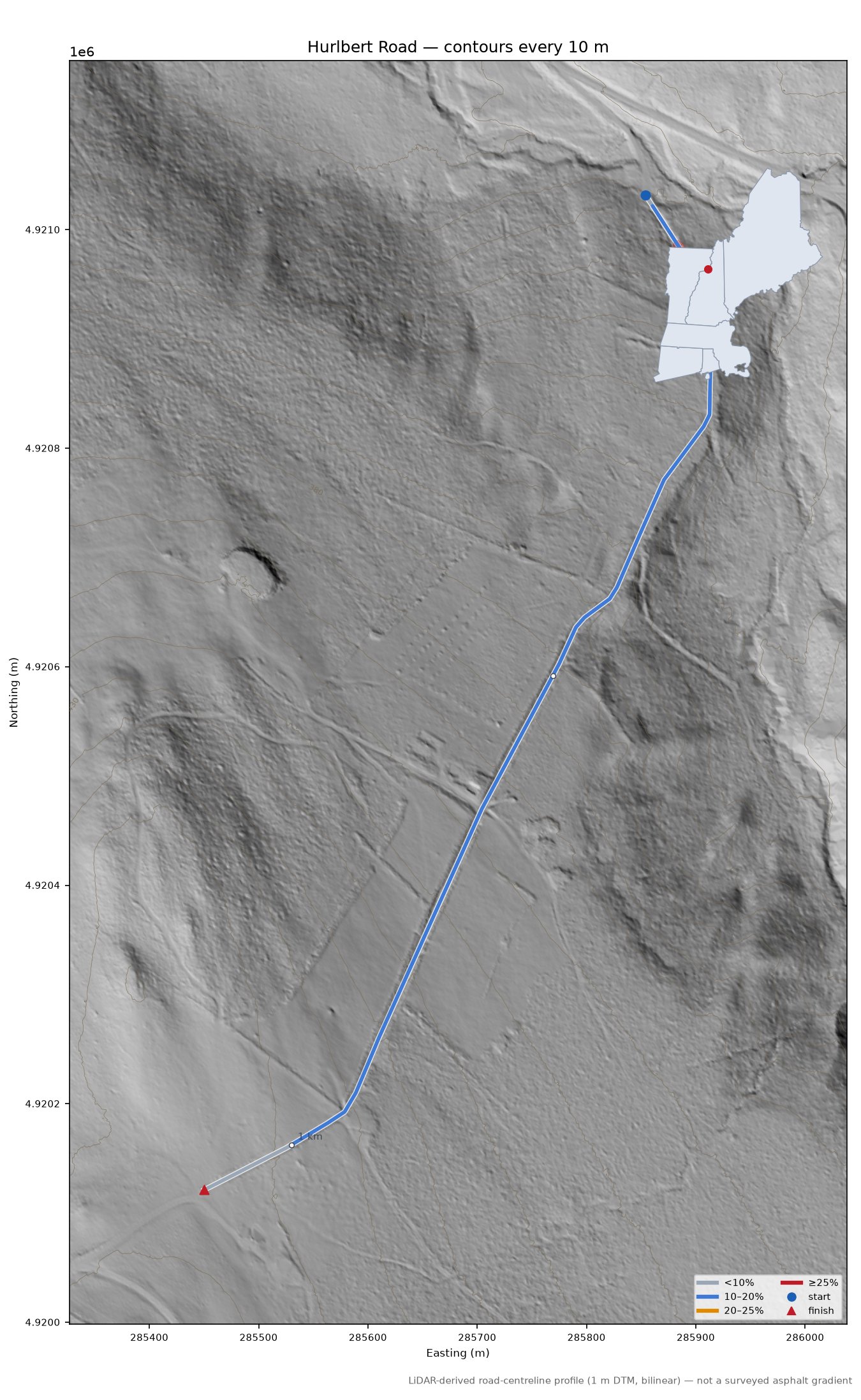 Hurlbert Road LiDAR hillshade map with contours