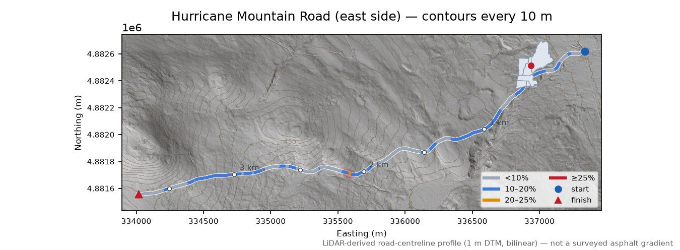 Hurricane Mountain Road (east side) LiDAR hillshade map with contours
