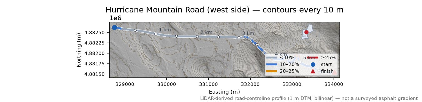 Hurricane Mountain Road (west side) LiDAR hillshade map with contours