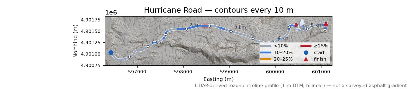 Hurricane Road LiDAR hillshade map with contours