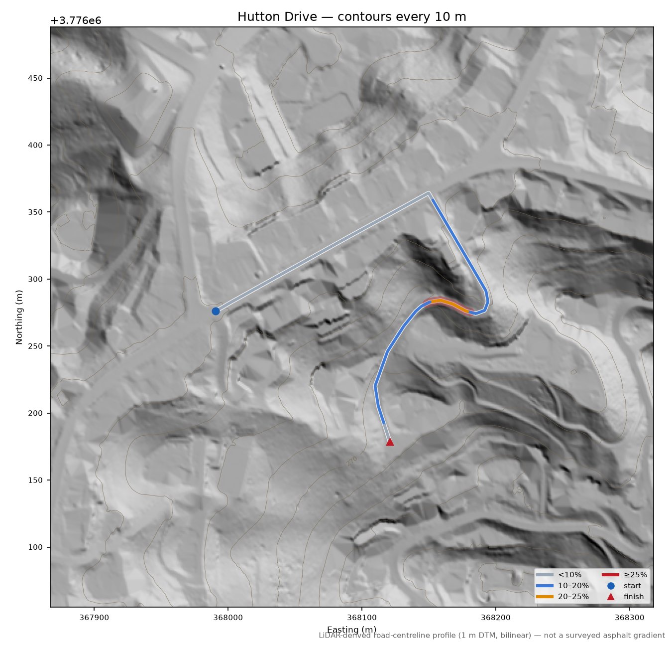 Hutton Drive LiDAR hillshade map with contours