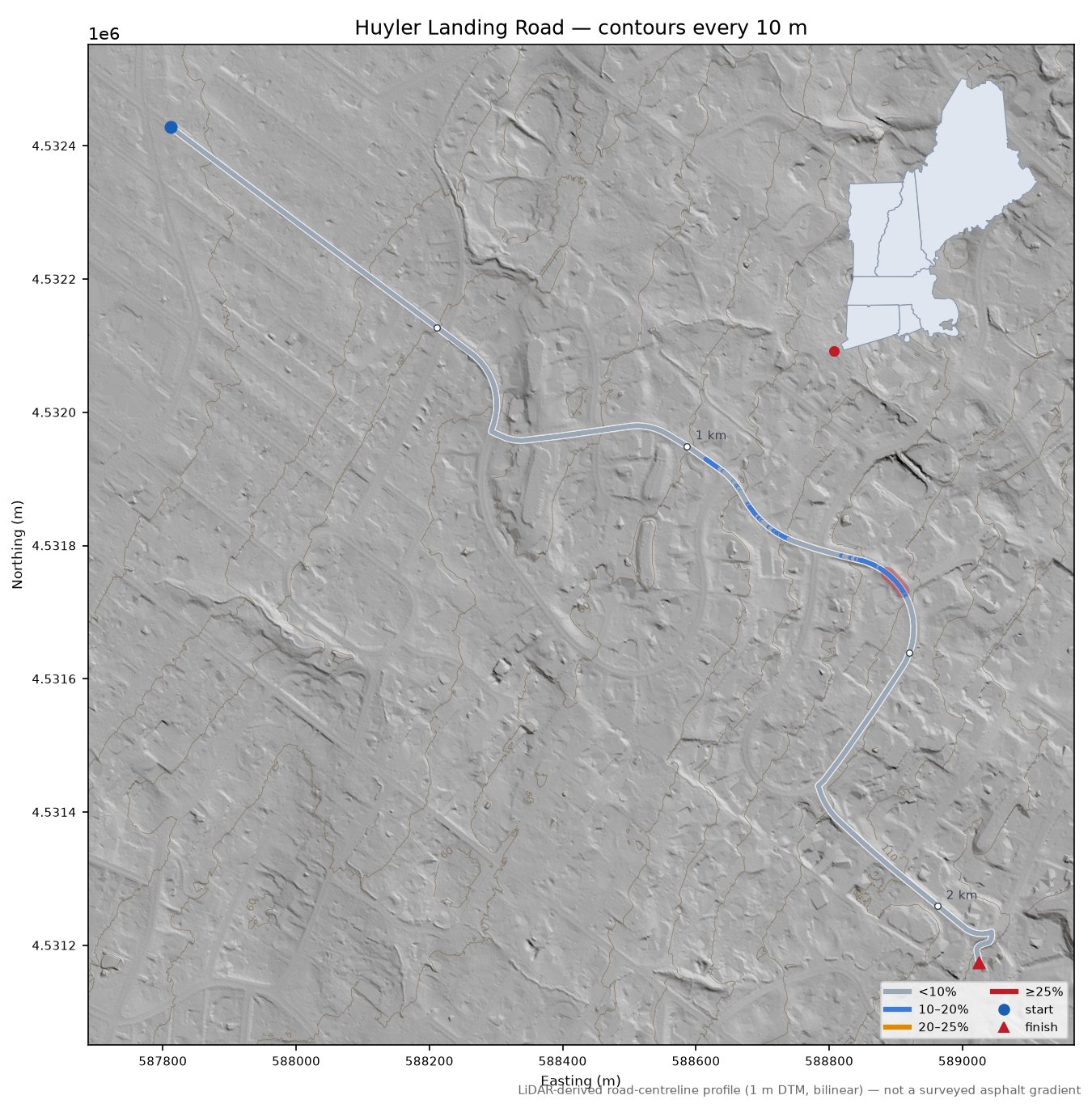 Huyler Landing Road LiDAR hillshade map with contours