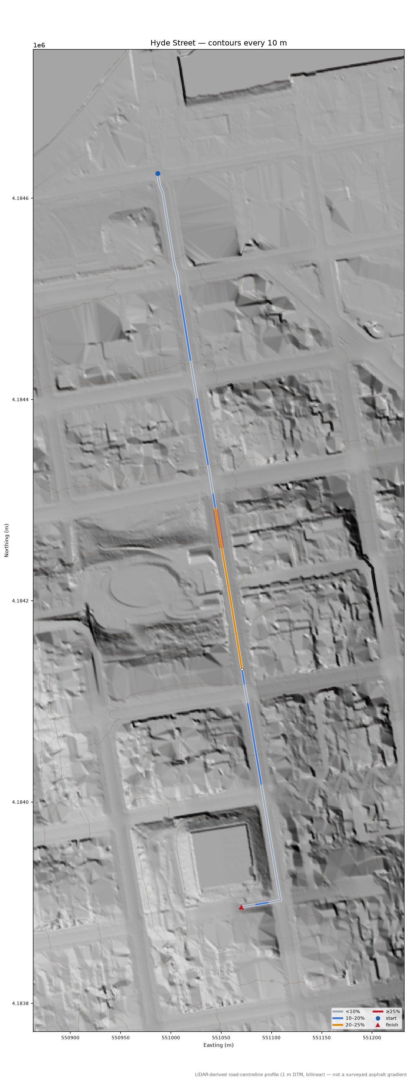 Hyde Street LiDAR hillshade map with contours