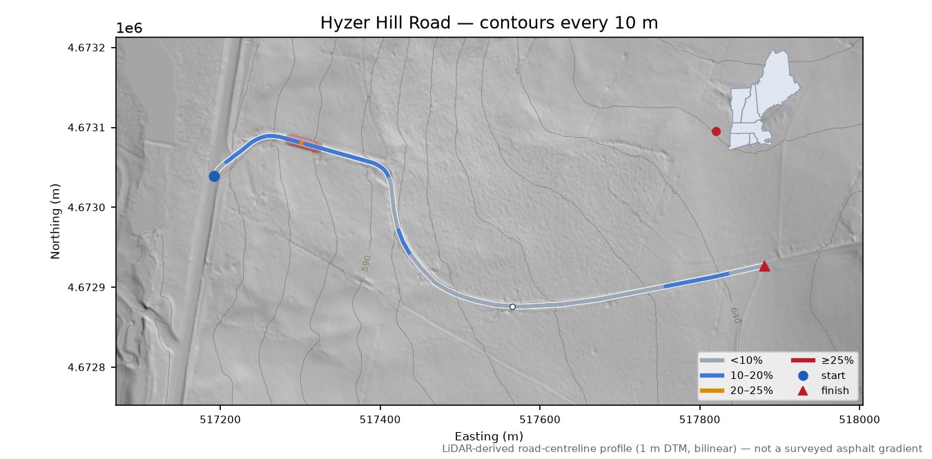 Hyzer Hill Road LiDAR hillshade map with contours