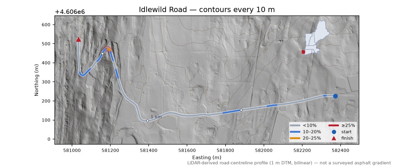 Idlewild Road LiDAR hillshade map with contours