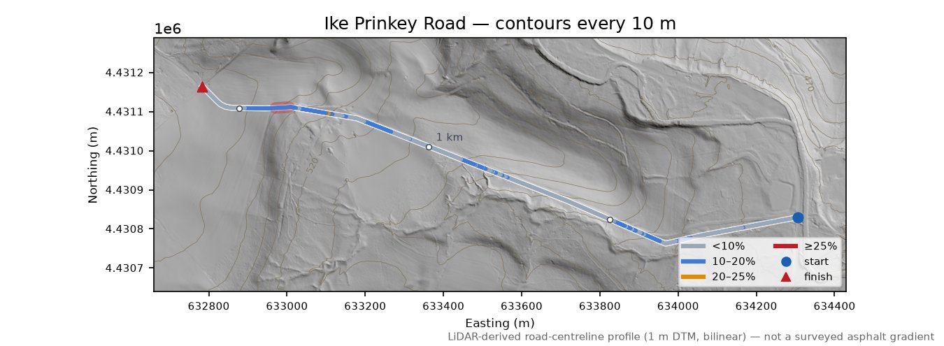 Ike Prinkey Road LiDAR hillshade map with contours