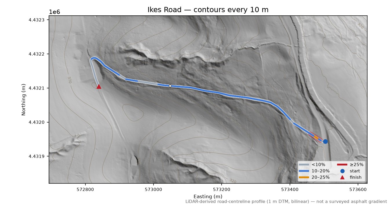 Ikes Road LiDAR hillshade map with contours