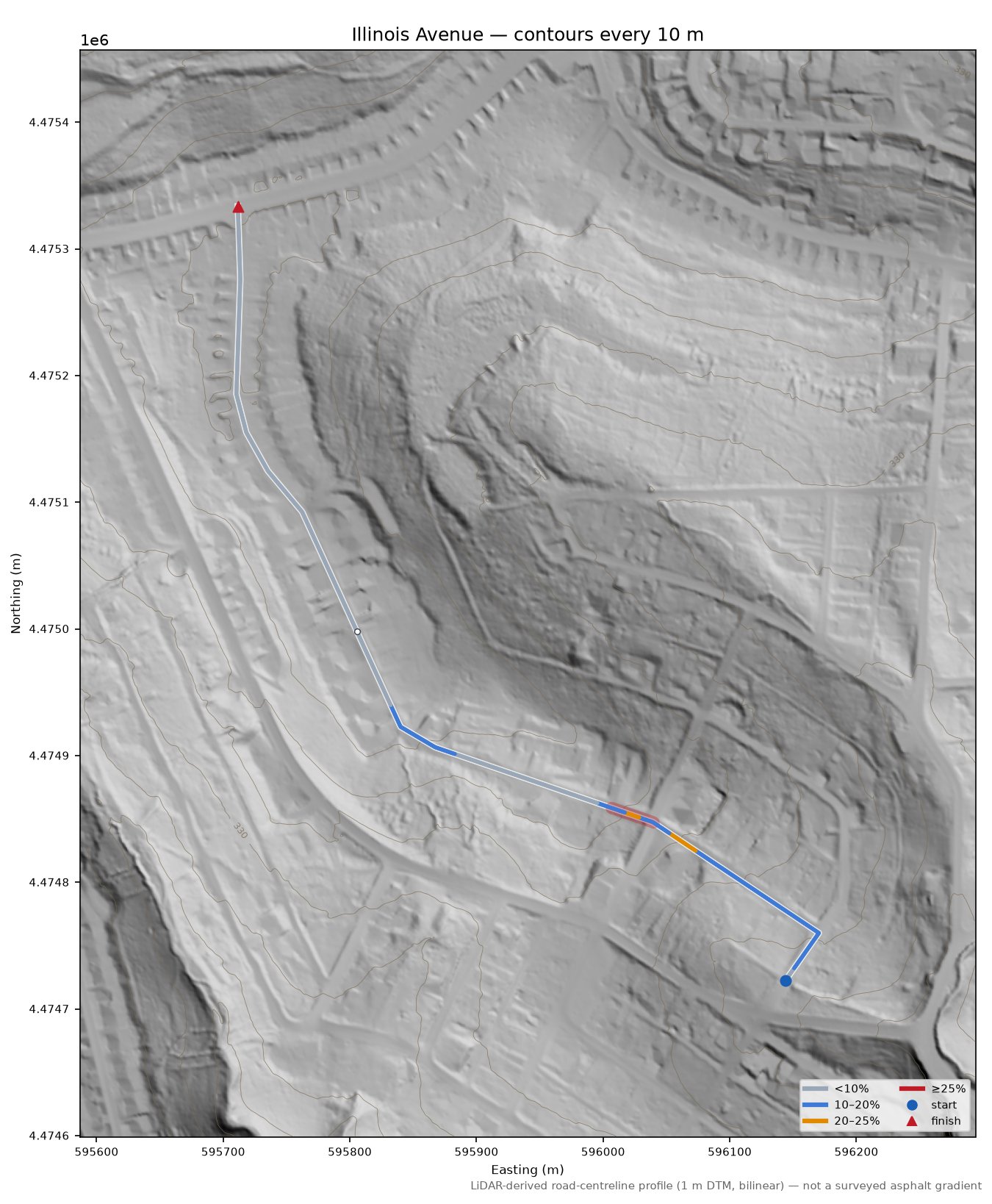 Illinois Avenue LiDAR hillshade map with contours
