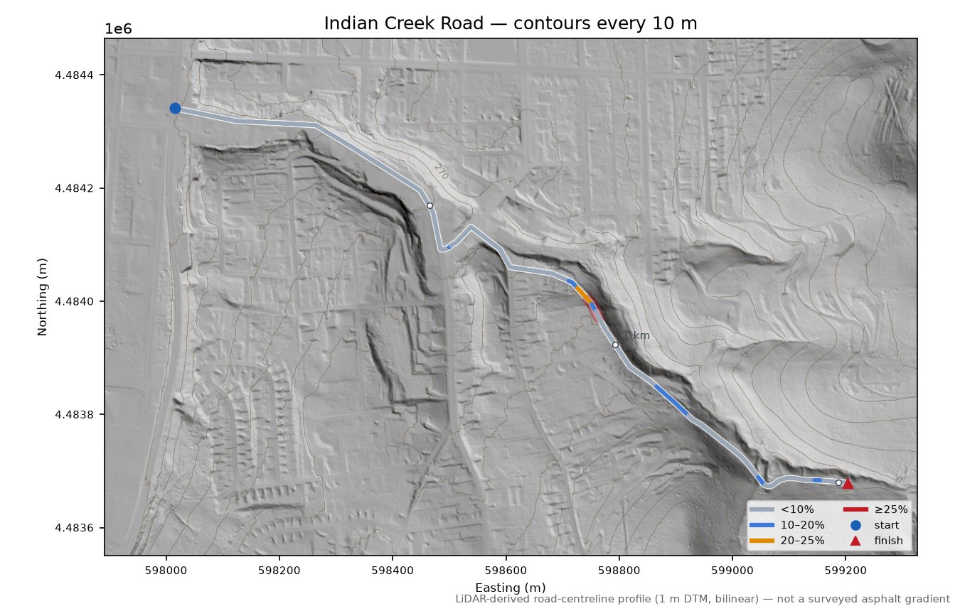 Indian Creek Road LiDAR hillshade map with contours