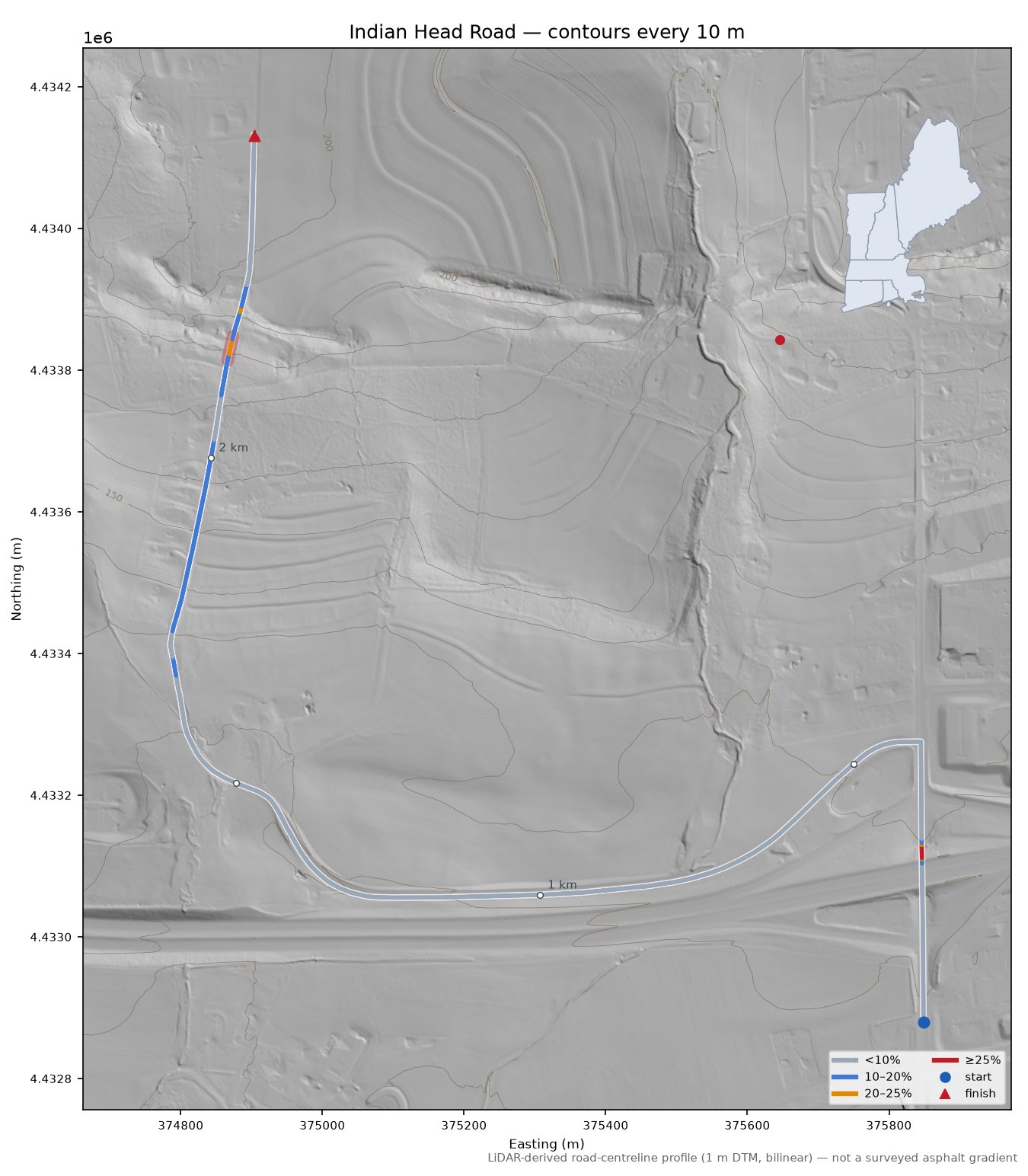Indian Head Road LiDAR hillshade map with contours