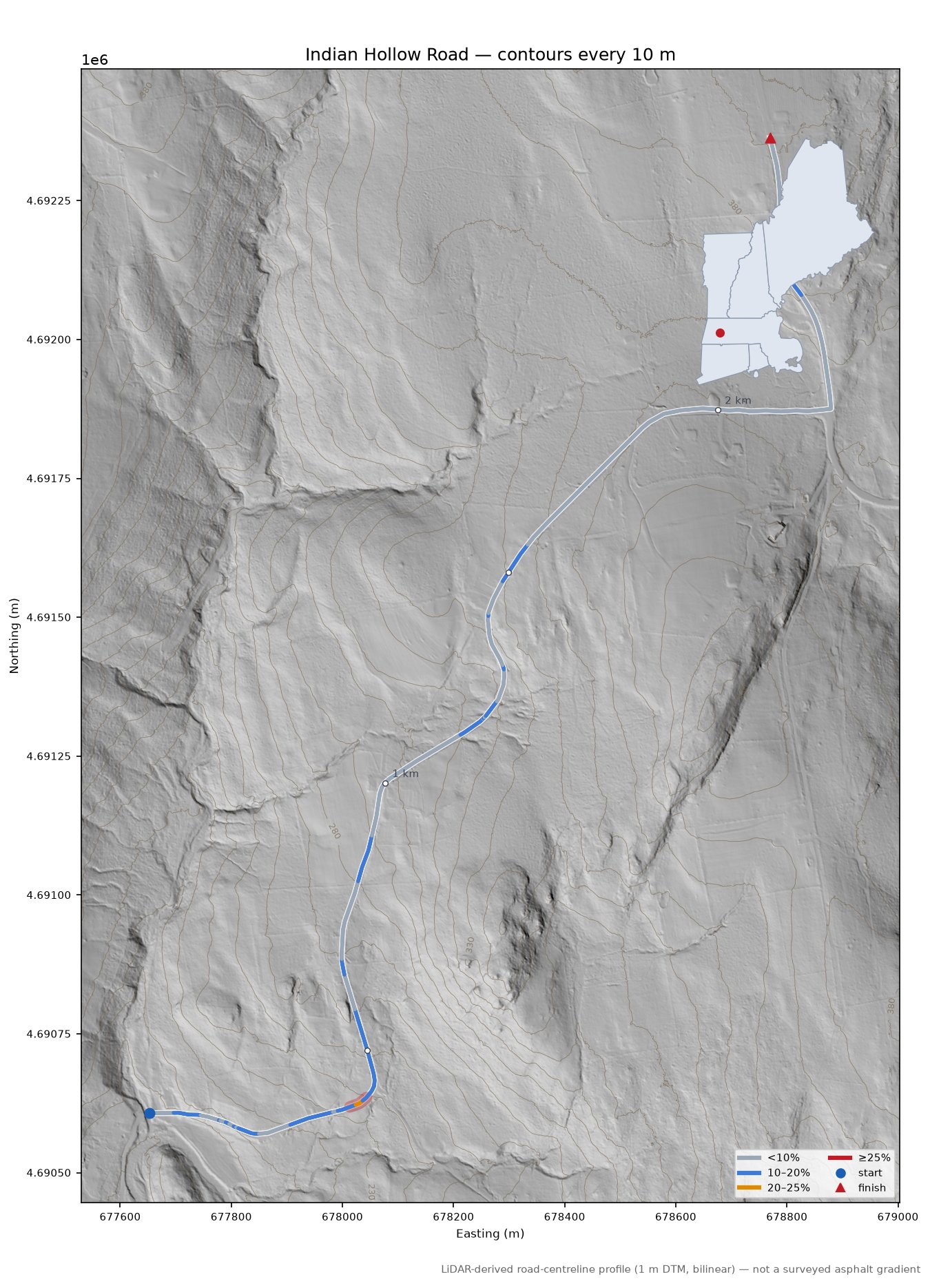 Indian Hollow Road LiDAR hillshade map with contours