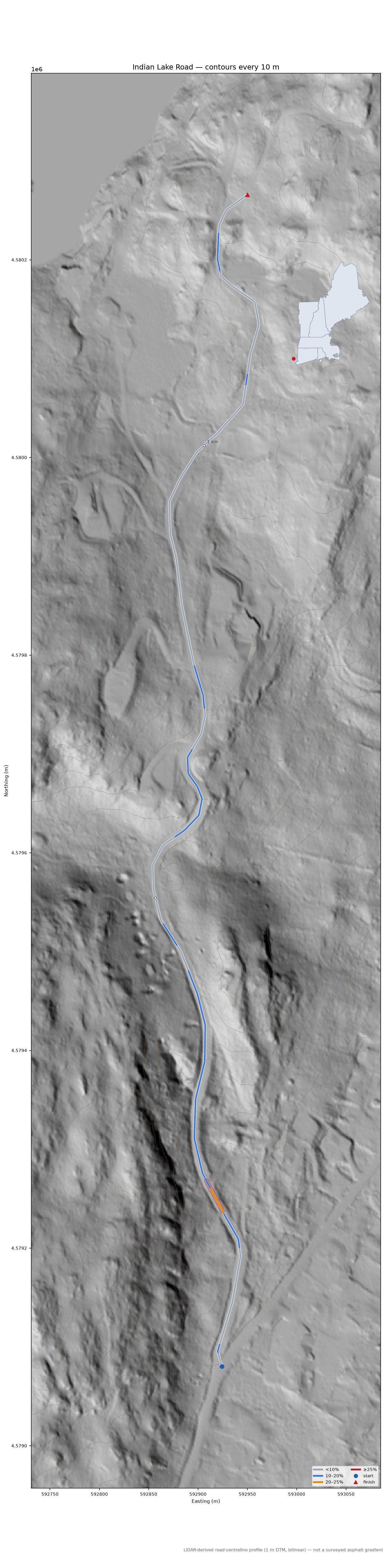 Indian Lake Road LiDAR hillshade map with contours