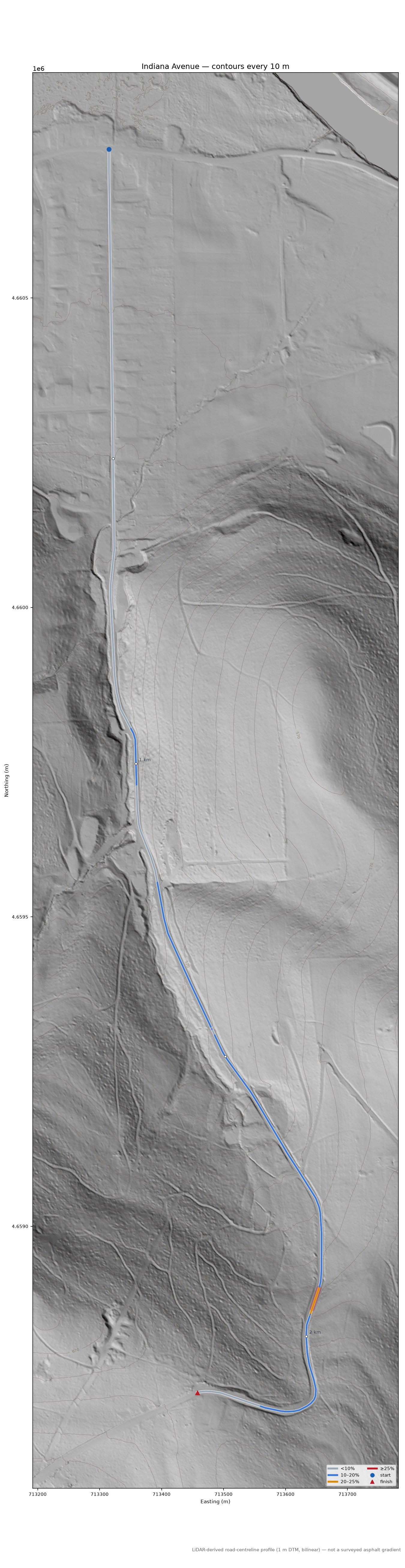 Indiana Avenue LiDAR hillshade map with contours
