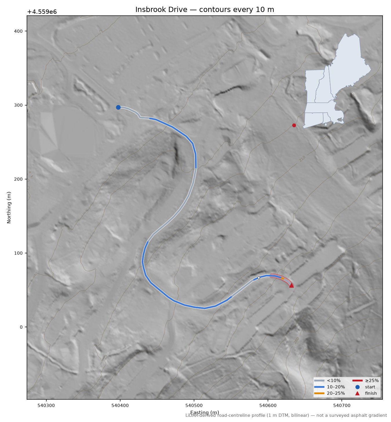 Insbrook Drive LiDAR hillshade map with contours