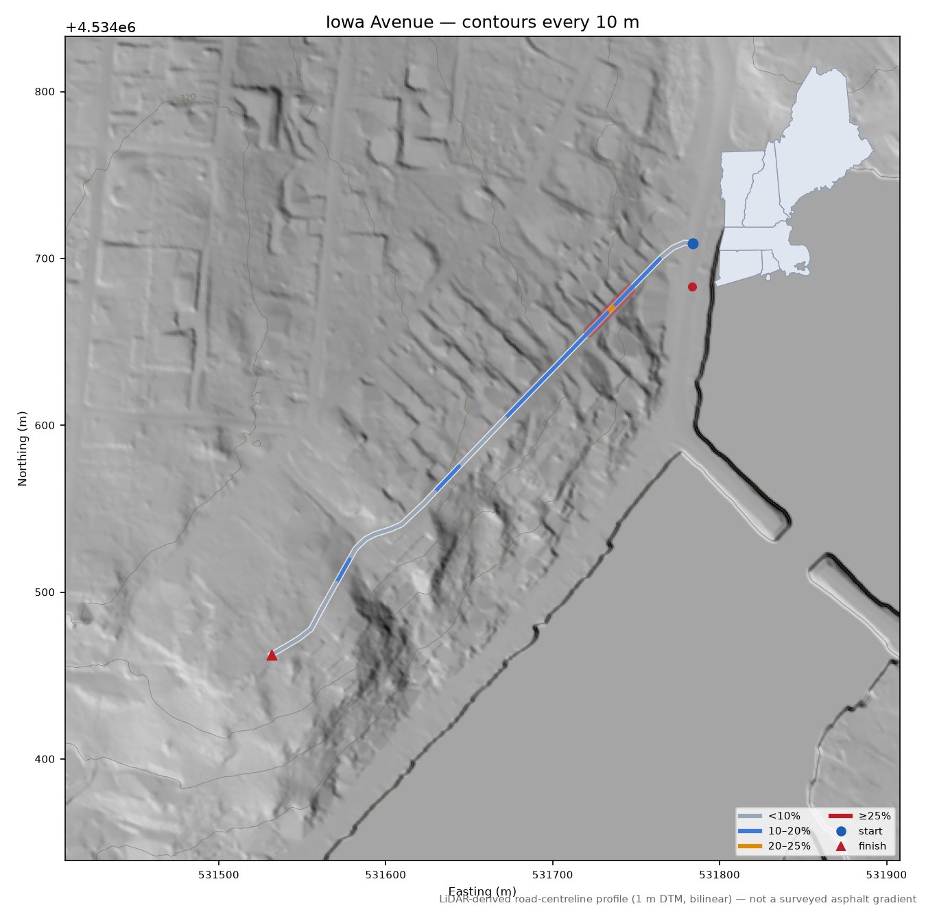 Iowa Avenue LiDAR hillshade map with contours