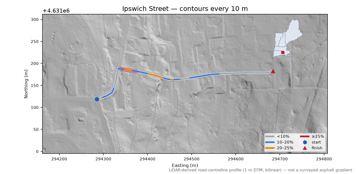 Ipswich Street LiDAR hillshade map with contours