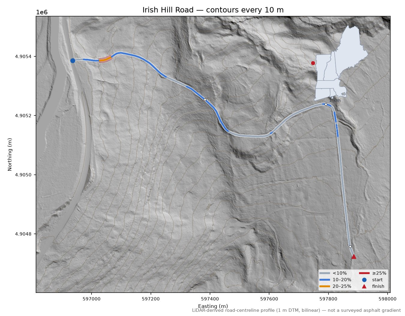 Irish Hill Road LiDAR hillshade map with contours