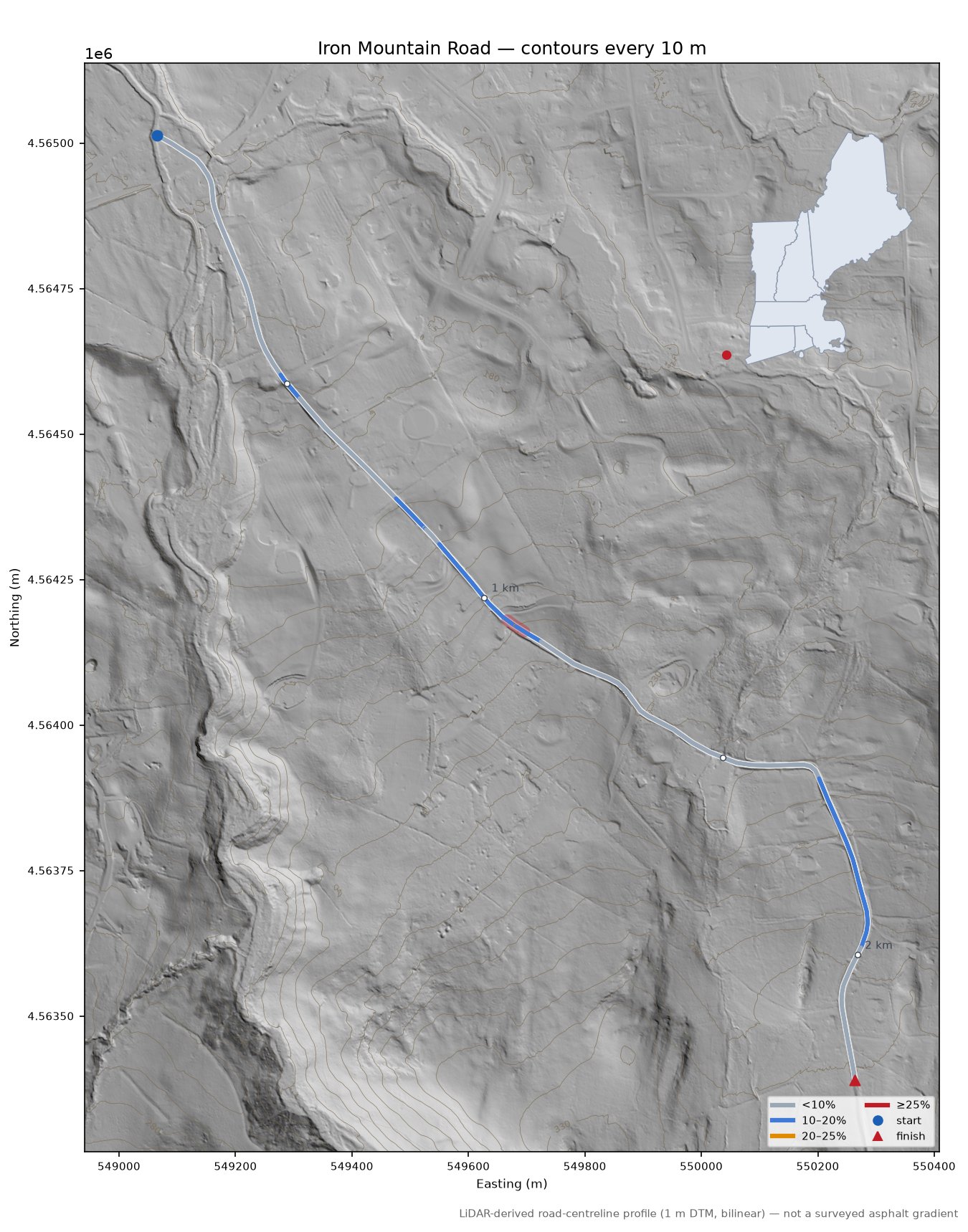 Iron Mountain Road LiDAR hillshade map with contours