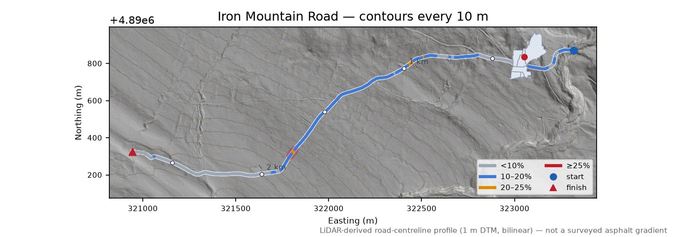 Iron Mountain Road LiDAR hillshade map with contours