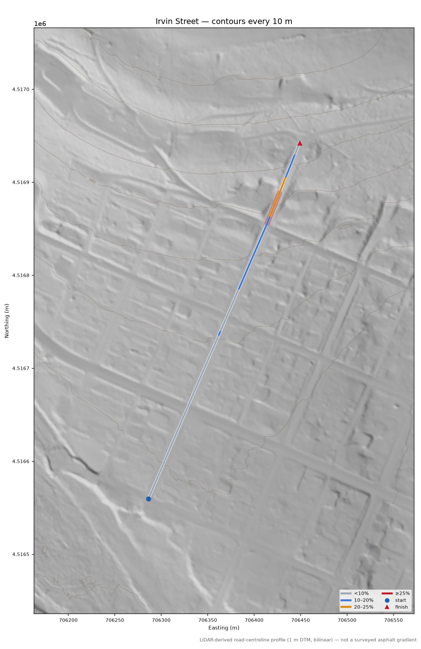 Irvin Street LiDAR hillshade map with contours