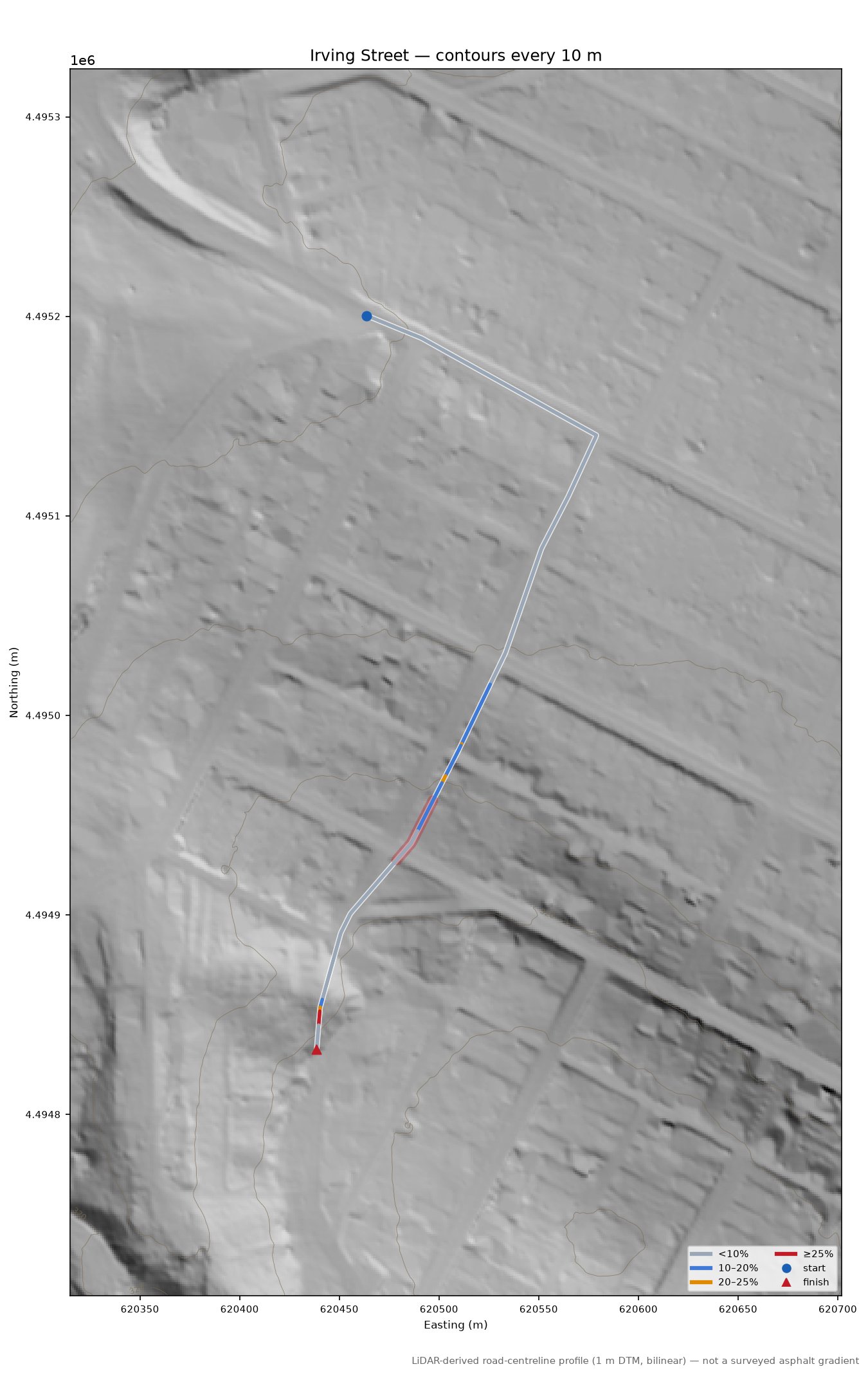 Irving Street LiDAR hillshade map with contours