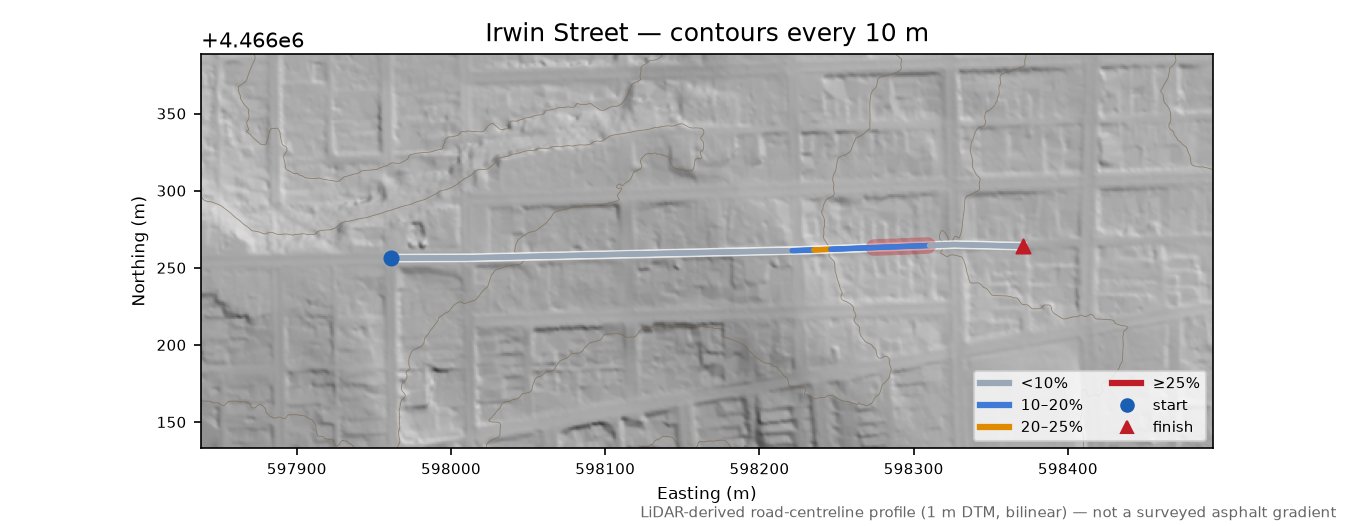 Irwin Street LiDAR hillshade map with contours