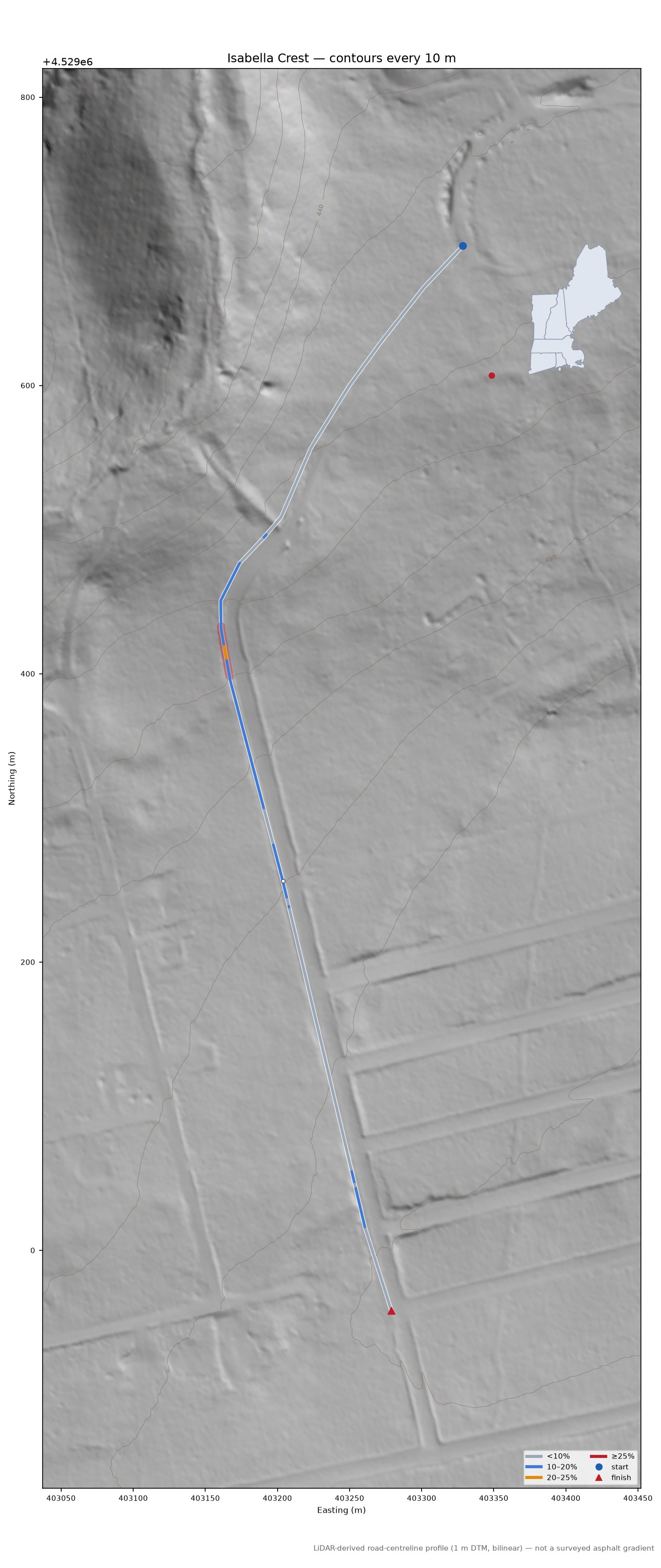 Isabella Crest LiDAR hillshade map with contours