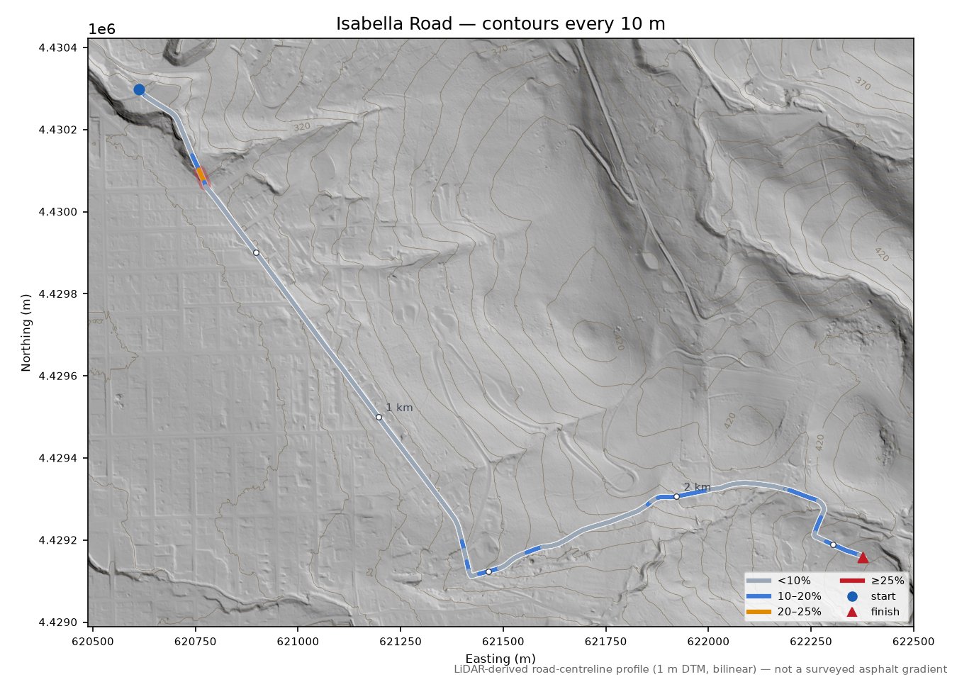 Isabella Road LiDAR hillshade map with contours