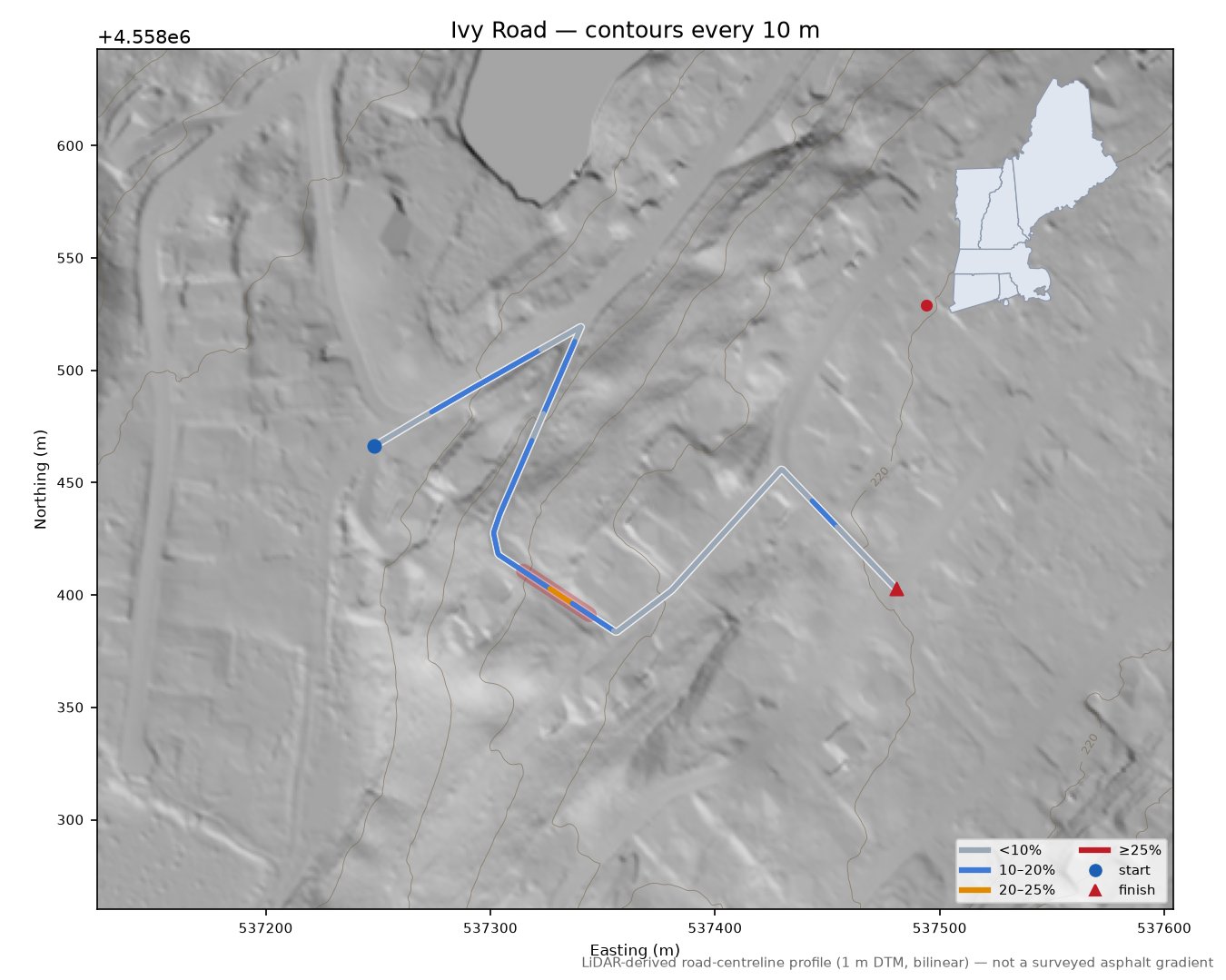 Ivy Road LiDAR hillshade map with contours