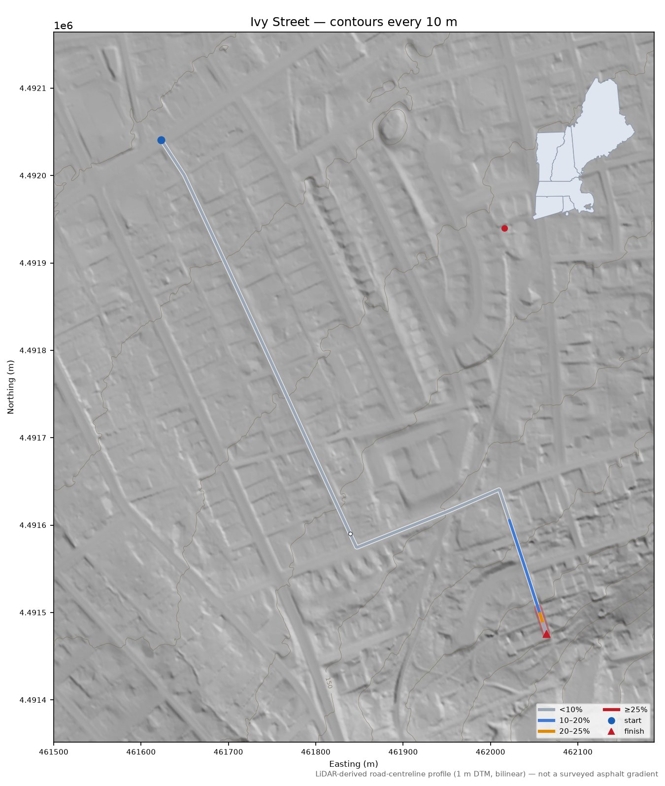 Ivy Street LiDAR hillshade map with contours