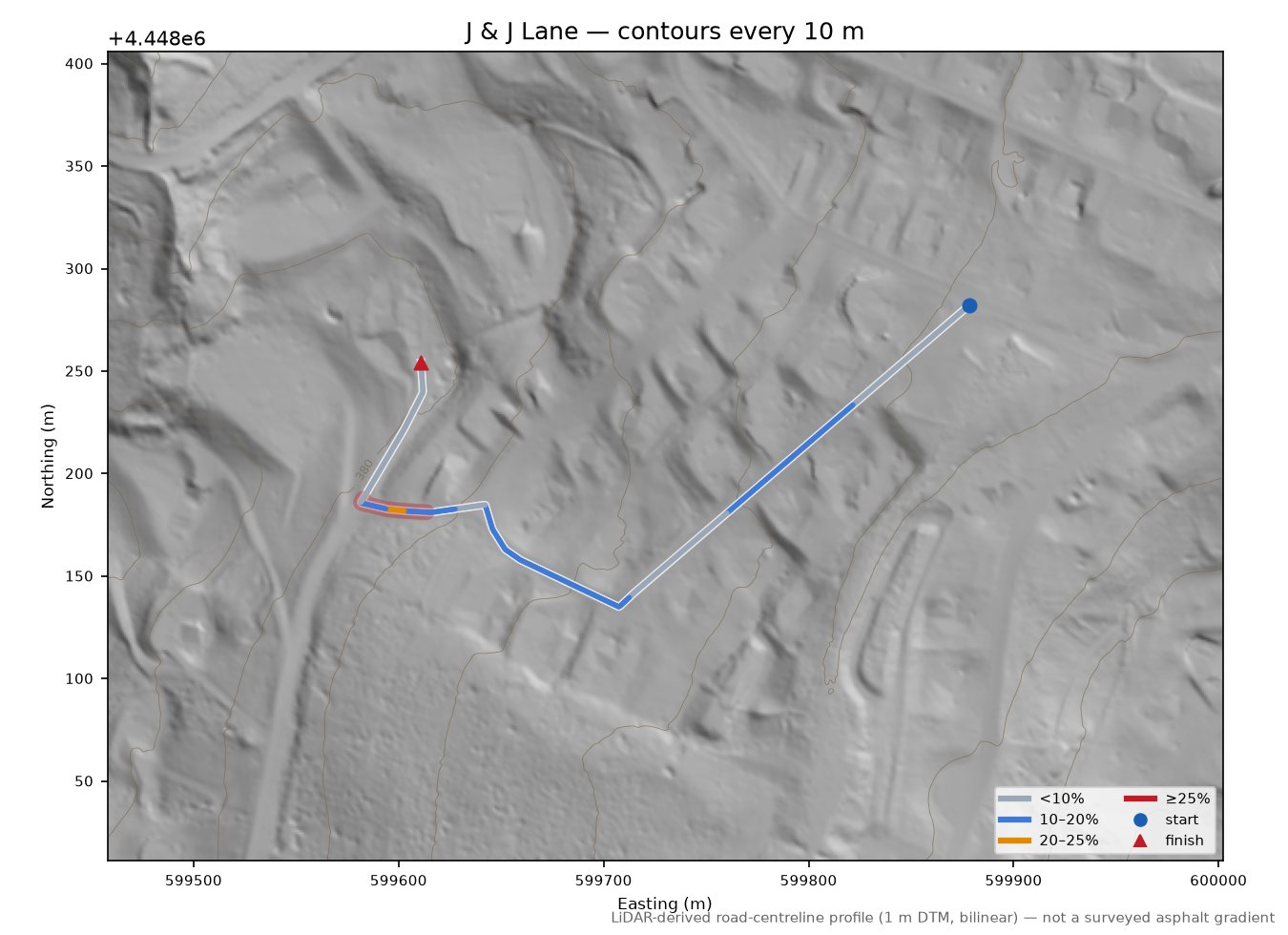 J & J Lane LiDAR hillshade map with contours