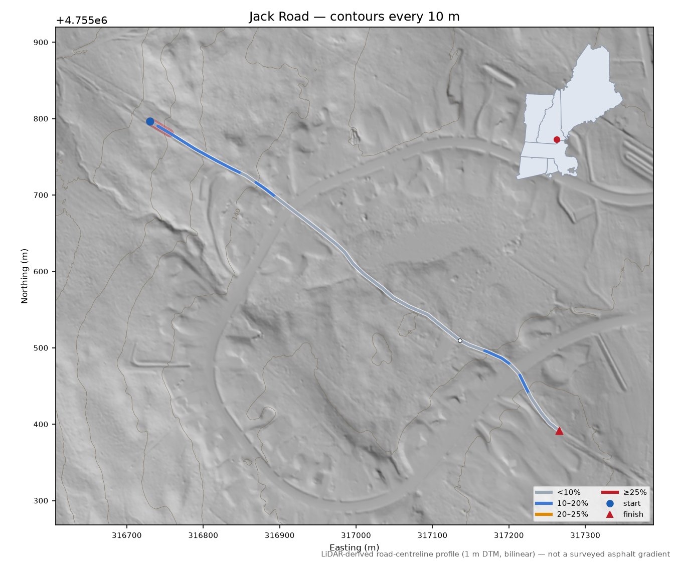 Jack Road LiDAR hillshade map with contours