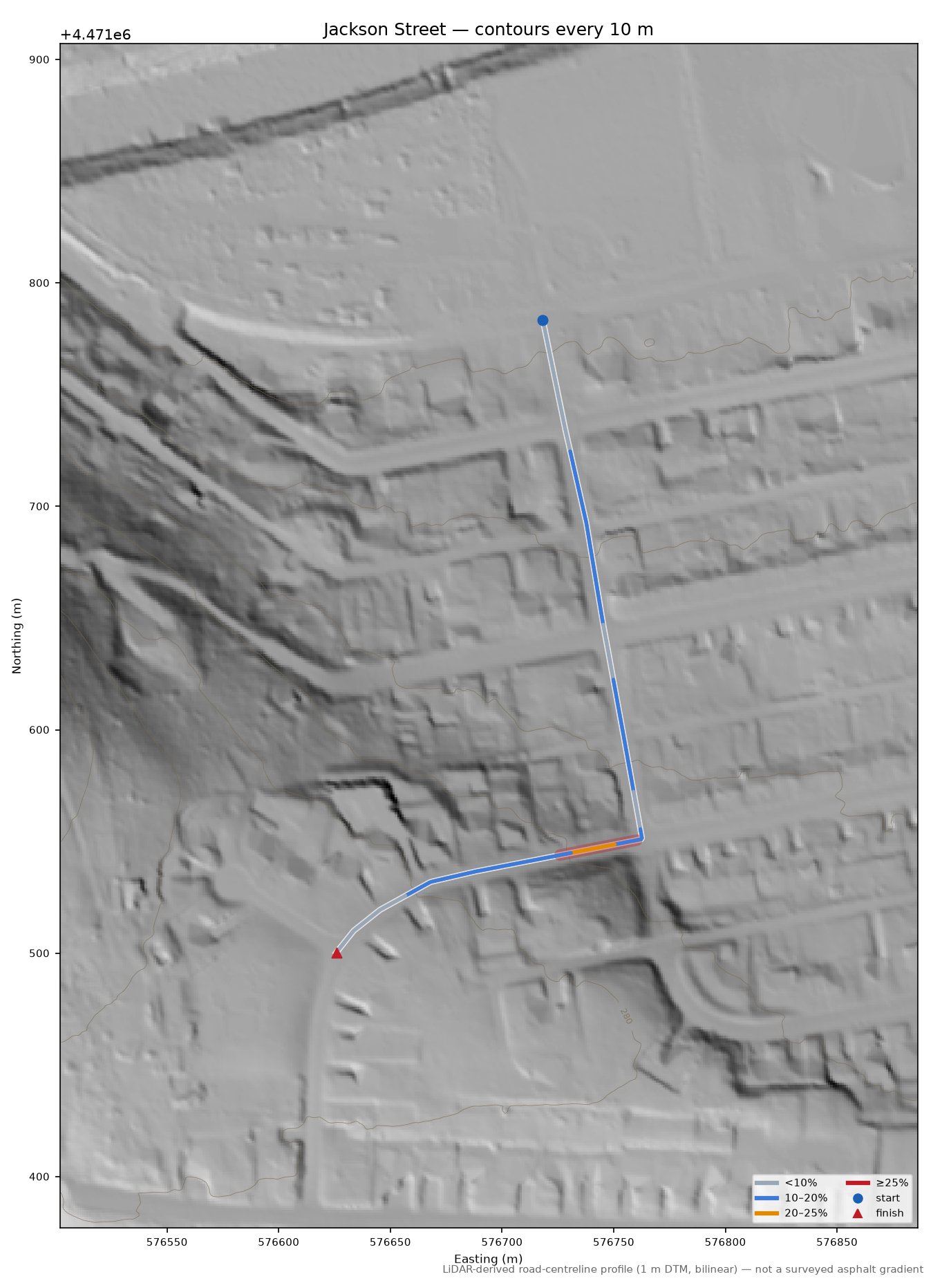 Jackson Street LiDAR hillshade map with contours